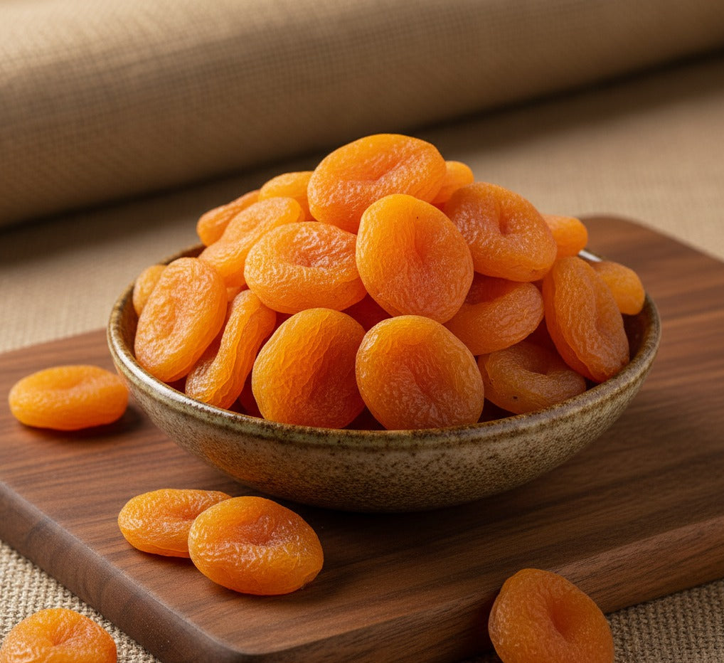 Bag of PM Foods premium dry fruit and nuts with a plate of apricots on a white background


